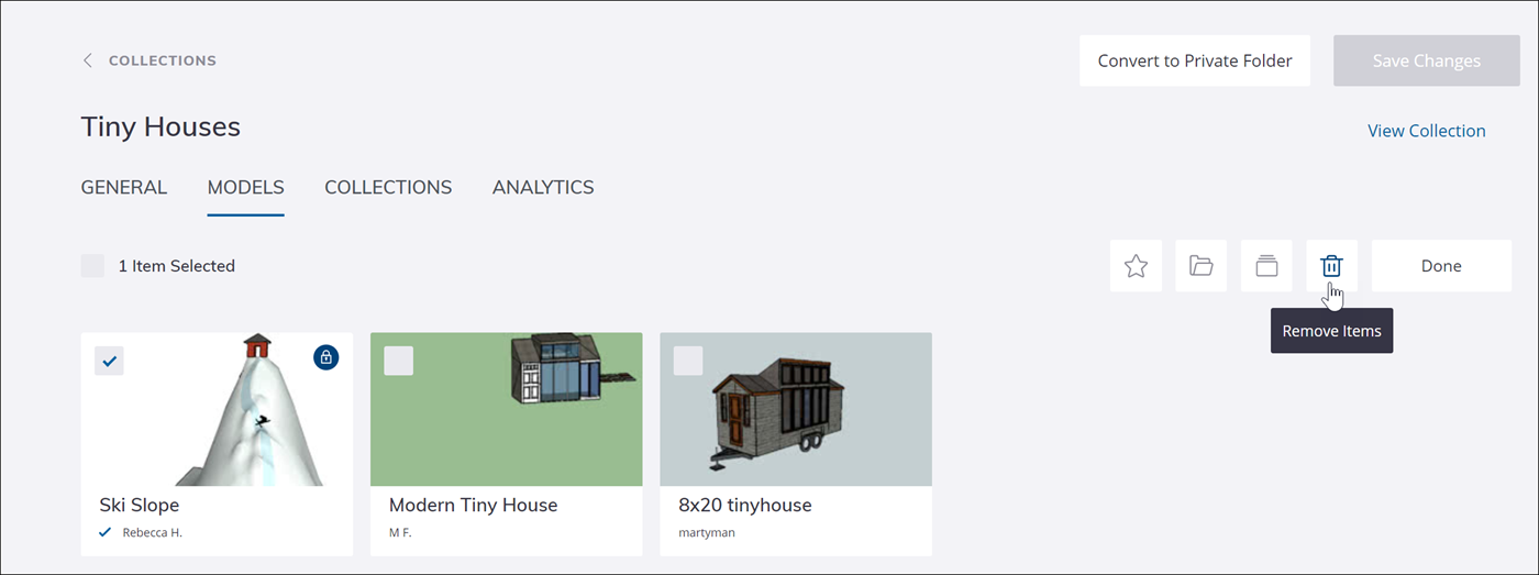 You can remove a model from a 3D Warehouse collection by clicking the red X