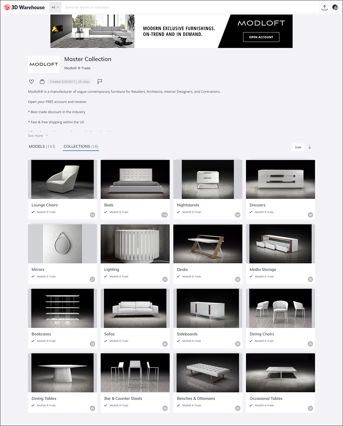 The 3D Warehouse catalog features showcase your company products