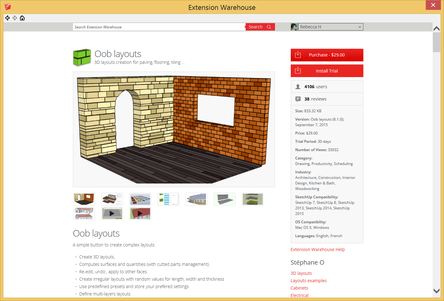 Quando a extensão do SketchUp estiver disponível para compra, você verá o botão Comprar e, talvez, o botão Install Trial no Extension Warehouse