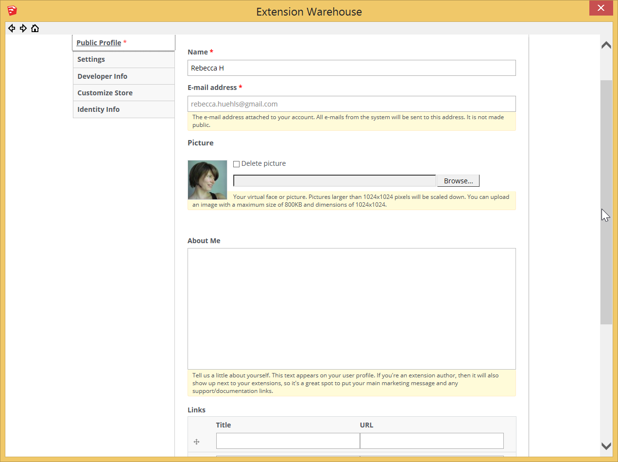 In the Extension Warehouse, customize your profile on the My Account pages Public Profile tab