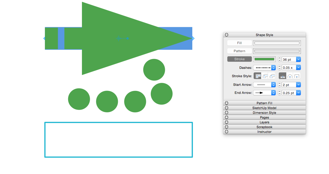 The line, arc, and rectangle illustrate different combinations of Stroke settings in LayOut