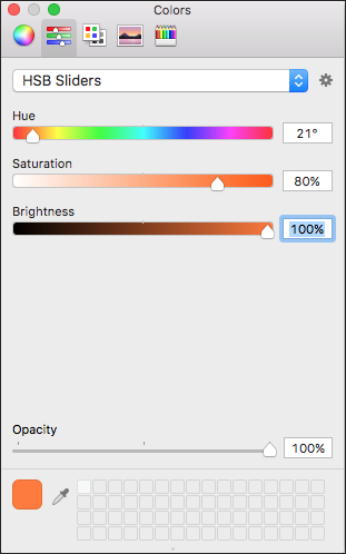 Drag the sliders or type a value to select precise HSB color values for your LayOut document.