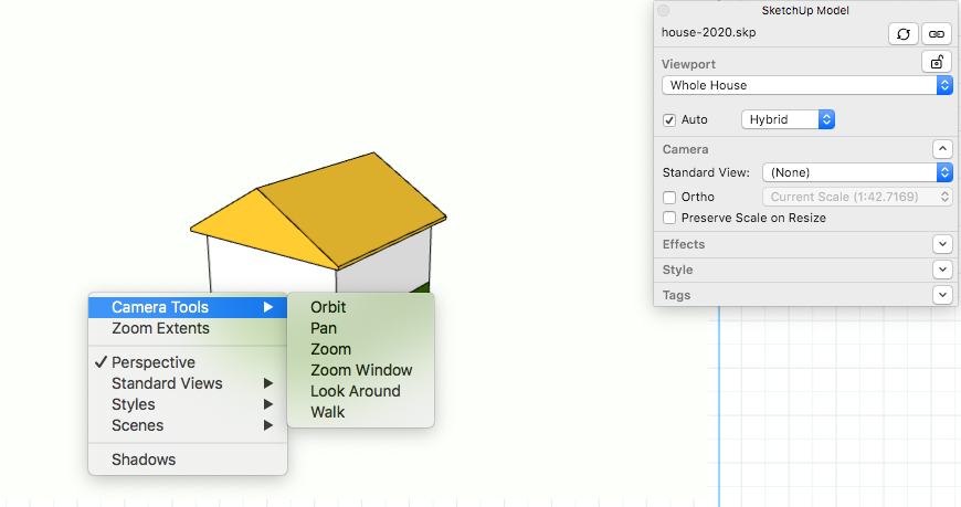 Avec une entité de modèle SketchUp en vue Modification 3D, effectuez un clic droit pour sélectionner l'un des outils de caméra directement dans LayOut.