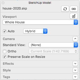 Wenn das SketchUp-Modellelement in LayOut eine orthografische Ansicht anzeigt, ist im Fenster "SketchUp-Modell" die Schaltfläche "Ortho" aktiviert.