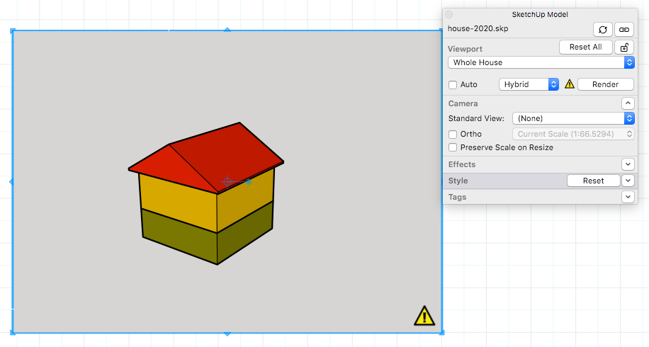 When a SketchUp model entity in a LayOut presentation needs to be rendered, a yellow warning icon appears.