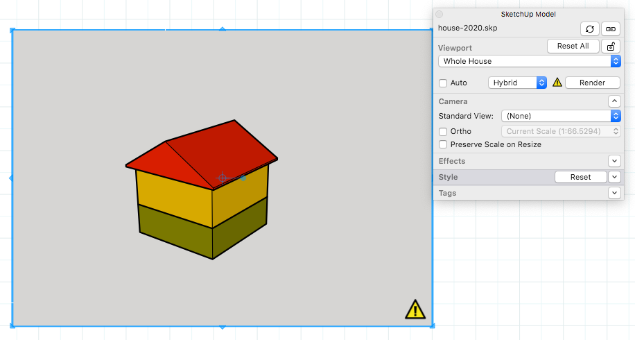 Lorsqu'il est nécessaire d'effectuer le rendu d'une entité de modèle SketchUp dans une présentation LayOut, une icône d'avertissement jaune s'affiche.