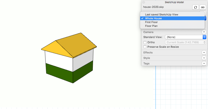 In LayOuts SketchUp Model panel, select a scene from the drop-down list.