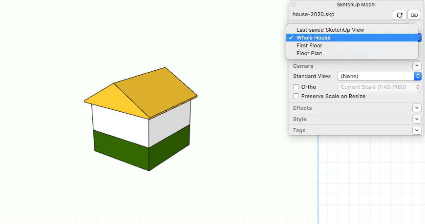 En el panel Modelo de SketchUp de LayOut, selecciona una escena de la lista desplegable.