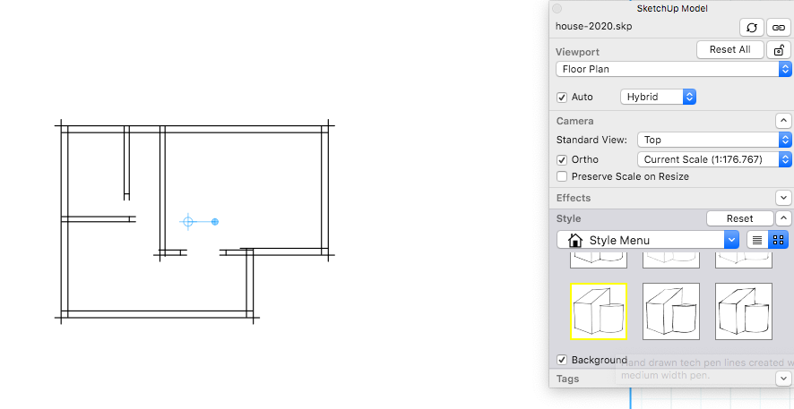Dans LayOut, sélectionnez un style dans l’onglet Styles du volet Modèle SketchUp pour obtenir un aperçu dans la zone de dessin.