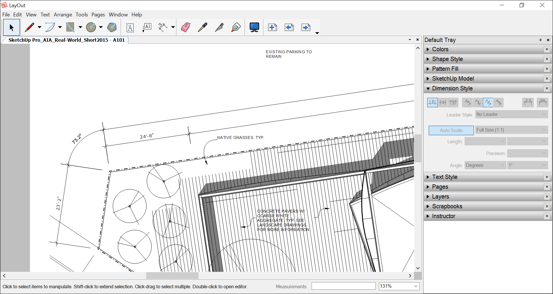 LayOut では、SketchUp のモデル エンティティのデータに基づいて、直線や角度の寸法を表示できます