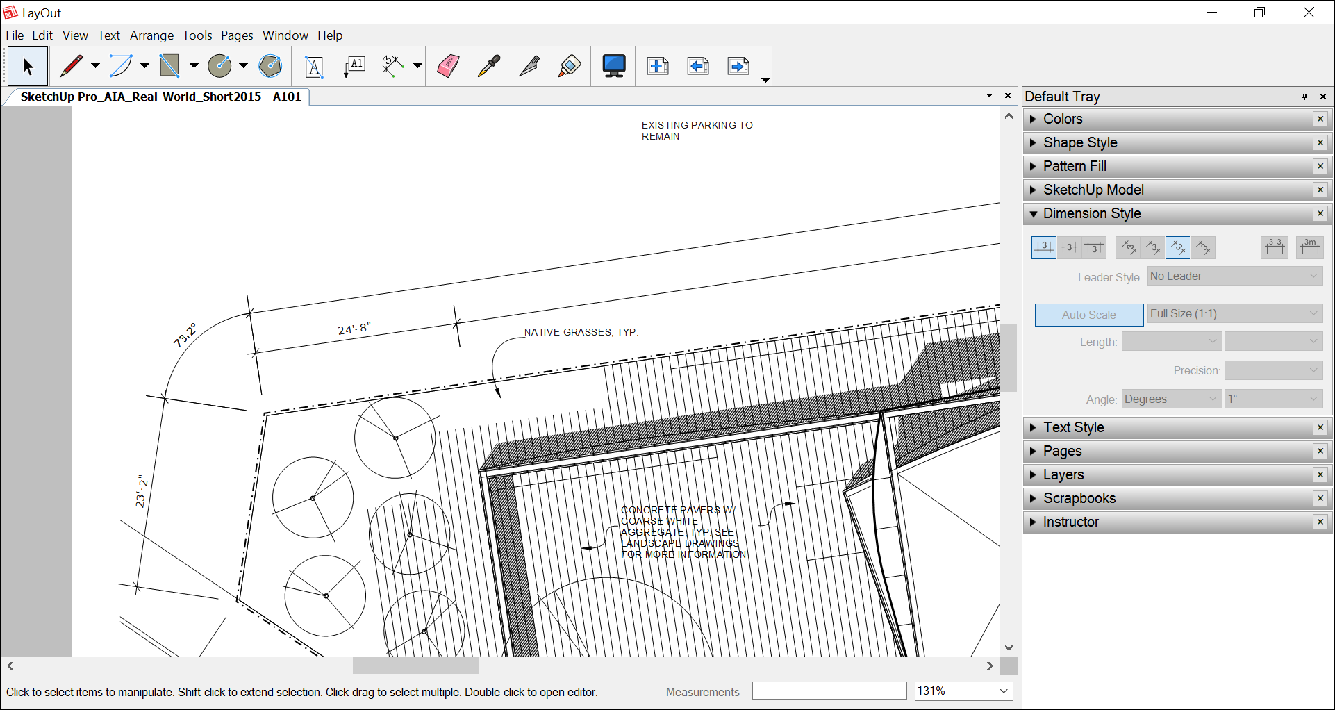 No LayOut, as dimensões lineares e angulares mostram distâncias e ângulos com base nos dados das entidades do modelo do SketchUp