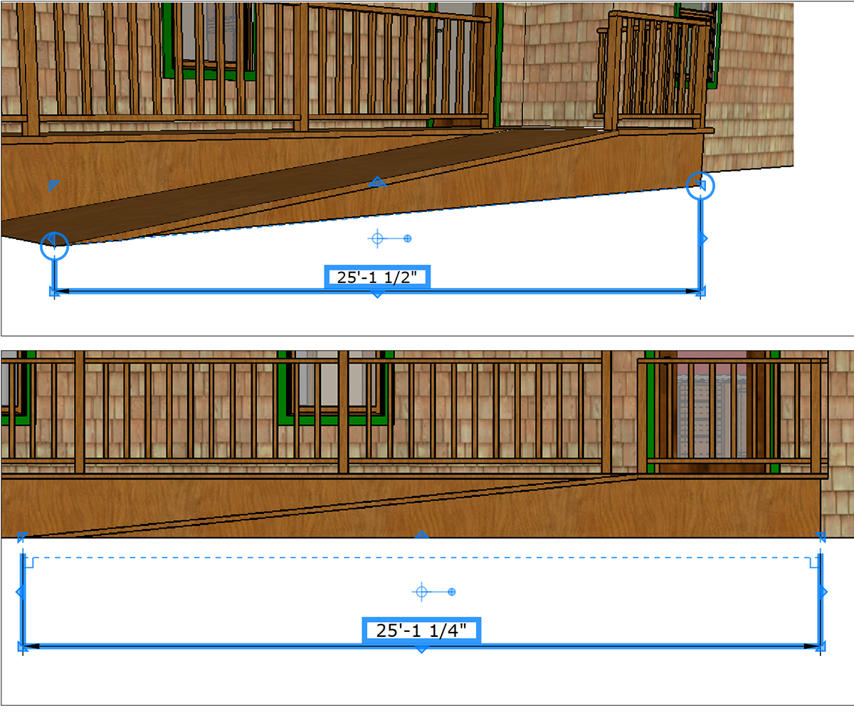 In LayOut zeigen visuelle Hinweise an, ob eine Abmessung auf eine perspektivische oder eine orthografische projizierte Ansicht verweist.