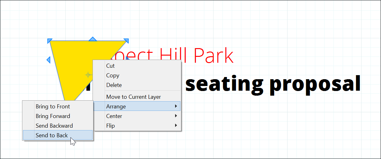 Use the Arrange menu or the context menu to change the stacking order of elements in a LayOut document.