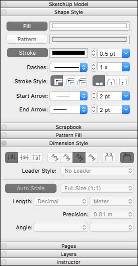 A stack of panels with open and hidden panels in SketchUp for macOS