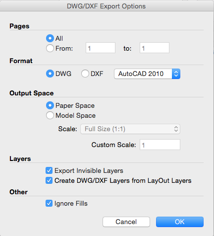 LayOut-Dialogfeld mit DWG/DXF-Exportoptionen unter Mac OS X