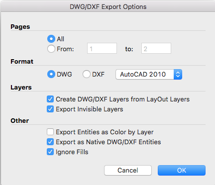 A caixa de diálogo Opções de exportação de DWG/DXF do LayOut no Mac OS X