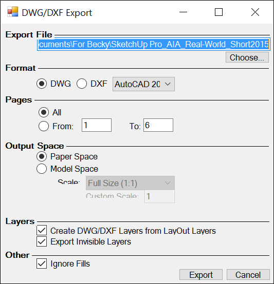 La boîte de dialogue Exportation DWG/DGF vous permet de sélectionner des options pour les fichiers exportés.