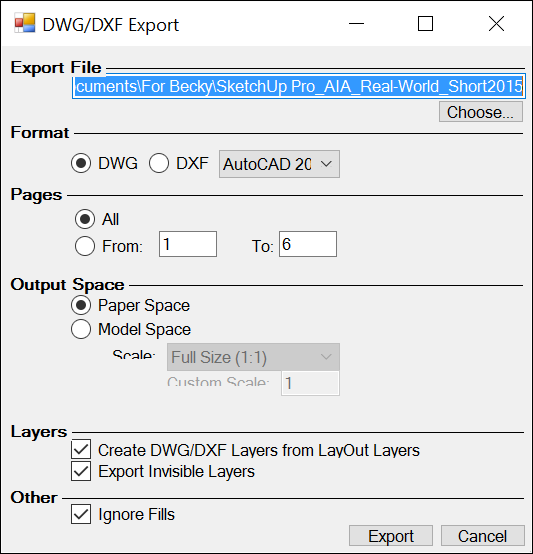 Com a caixa de diálogo Exportar DWG/DXF do LayOut, é possível escolher opções para os arquivos exportados.