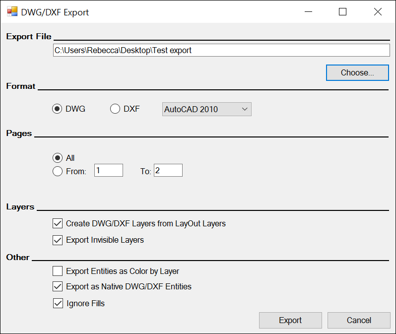 La boîte de dialogue Exportation DWG/DGF vous permet de sélectionner des options pour les fichiers exportés.