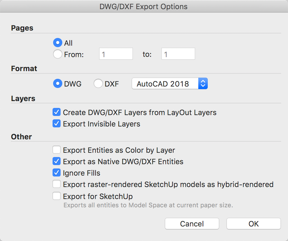 La boîte de dialogue Exportation DWG/DGF vous permet de sélectionner des options pour les fichiers exportés.