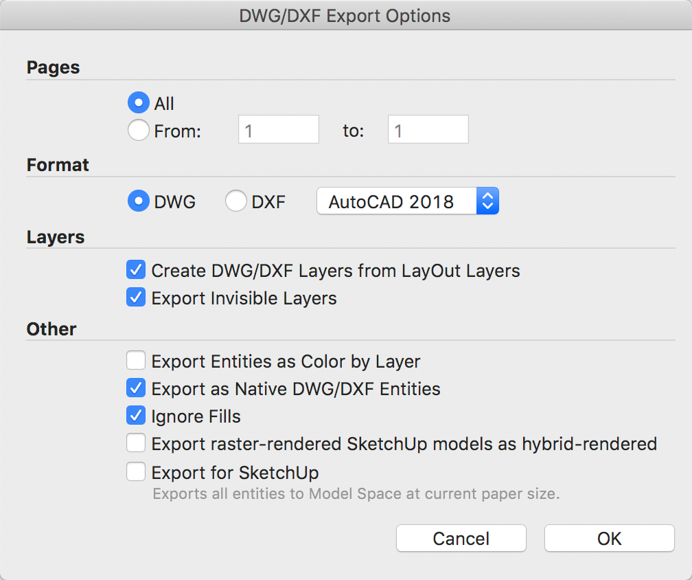 El cuadro de diálogo Exportar DWG/DXF de LayOut permite seleccionar opciones para los archivos exportados.