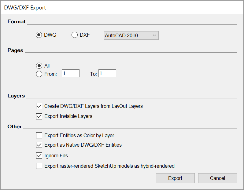 Com a caixa de diálogo Exportar DWG/DXF do LayOut, é possível escolher opções para os arquivos exportados.