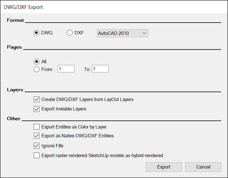 La boîte de dialogue Exportation DWG/DGF vous permet de sélectionner des options pour les fichiers exportés.