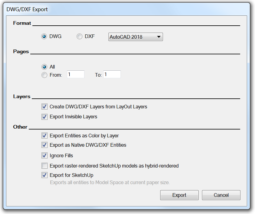 El cuadro de diálogo Exportar DWG/DXF de LayOut permite seleccionar opciones para los archivos exportados.