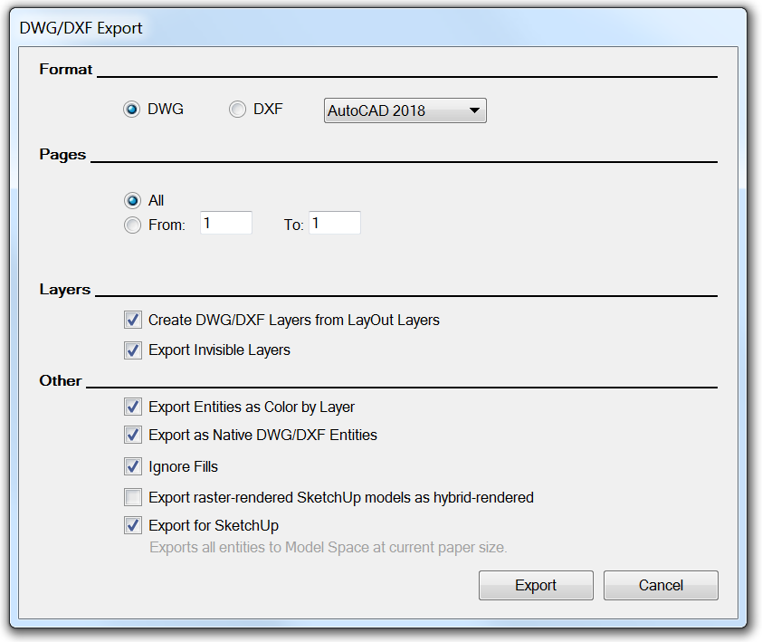 La boîte de dialogue Exportation DWG/DGF vous permet de sélectionner des options pour les fichiers exportés.