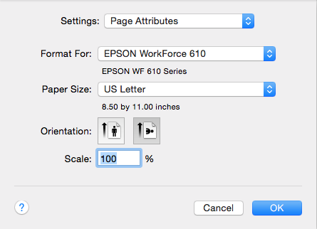 The page attributes options for printing a LayOut presentation from Mac OS X