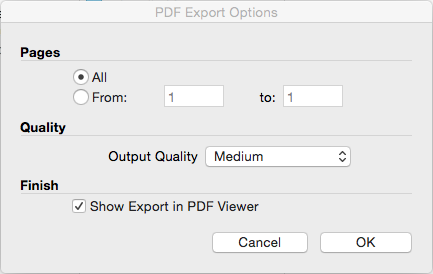 LayOut-Dialogfeld mit PDF-Exportoptionen unter Mac OS X