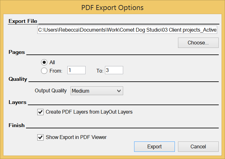 LayOut-Dialogfeld mit PDF-Exportoptionen unter Microsoft Windows