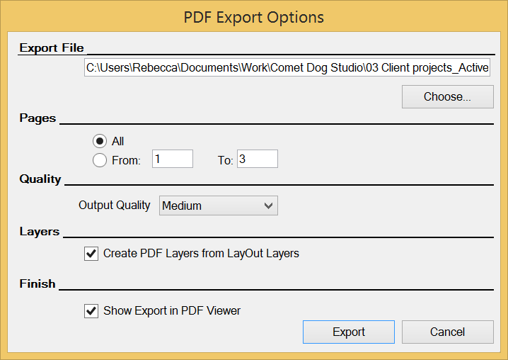 A caixa de diálogo Opções de exportação de PDF do LayOut no Microsoft Windows