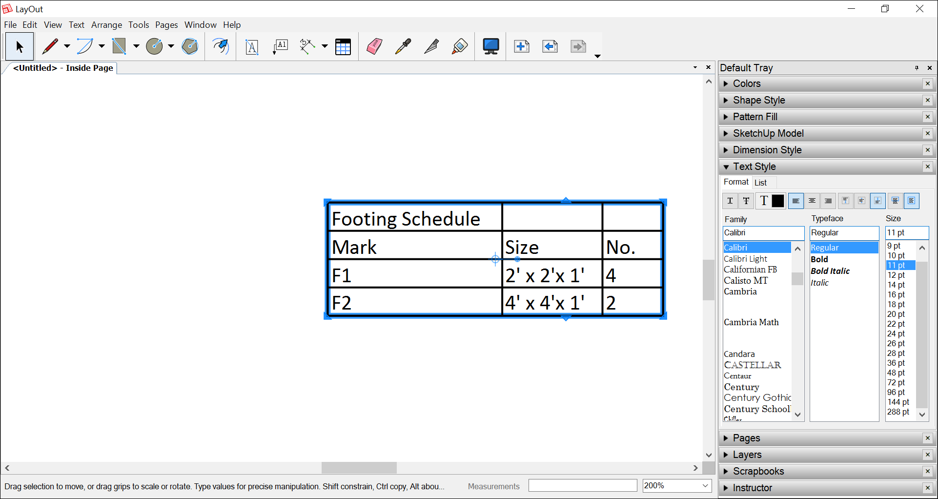 In LayOut, you can insert data from a spreadsheet as a table entity