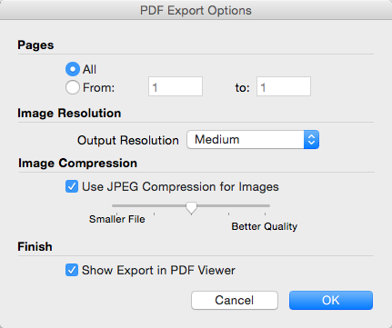 LayOuts PDF Export Options dialog box for Mac OS X