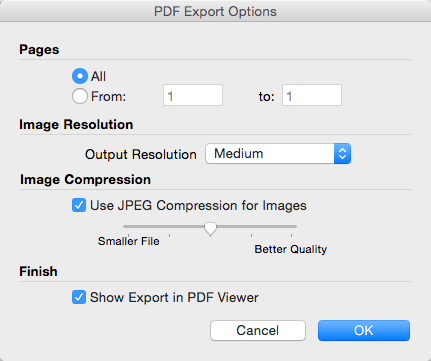 Boîte de dialogue Options d'exportation des PDF de LayOut pour Mac OS X