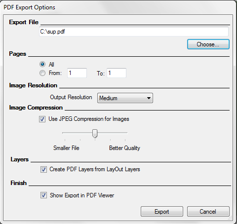 Cuadro de diálogo Opciones de exportación a PDF de LayOut para Microsoft Windows