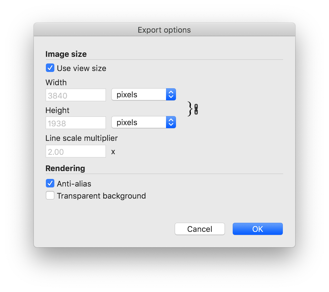 Boîte de dialogue des options d'exportation d'images dans SketchUp pour fichiers PNG et TIFF sous Microsoft Windows