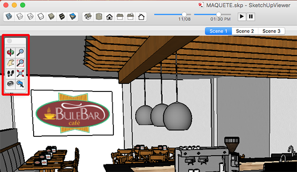 In Mac OS X, the SketchUp Desktop Viewer camera tools are on the Tool palette