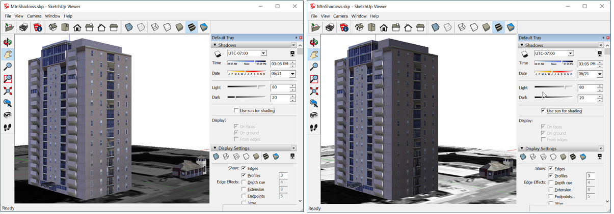SketchUp Desktop Viewer enables you to see how the sun will cast shadows on a building