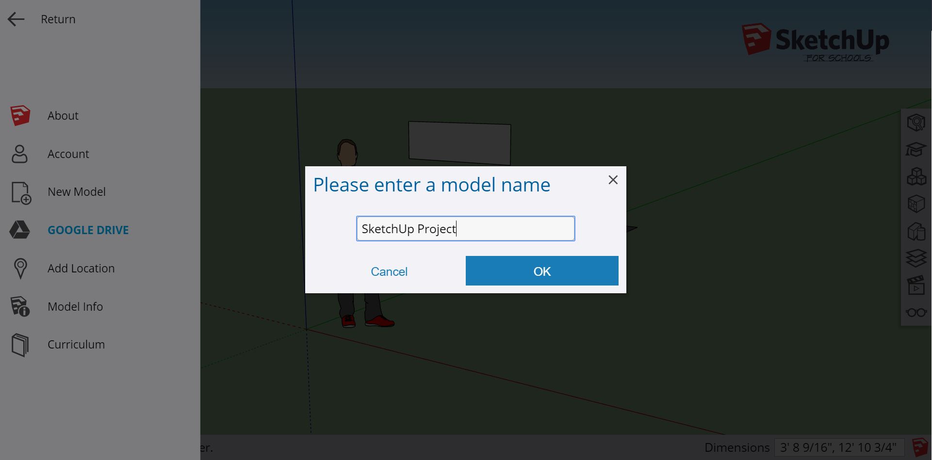 When you save a model, Google Drive prompts you for a model name