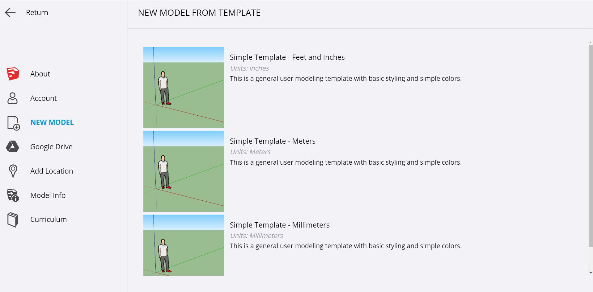 Select a template to begin creating a new model in SketchUp for Schools