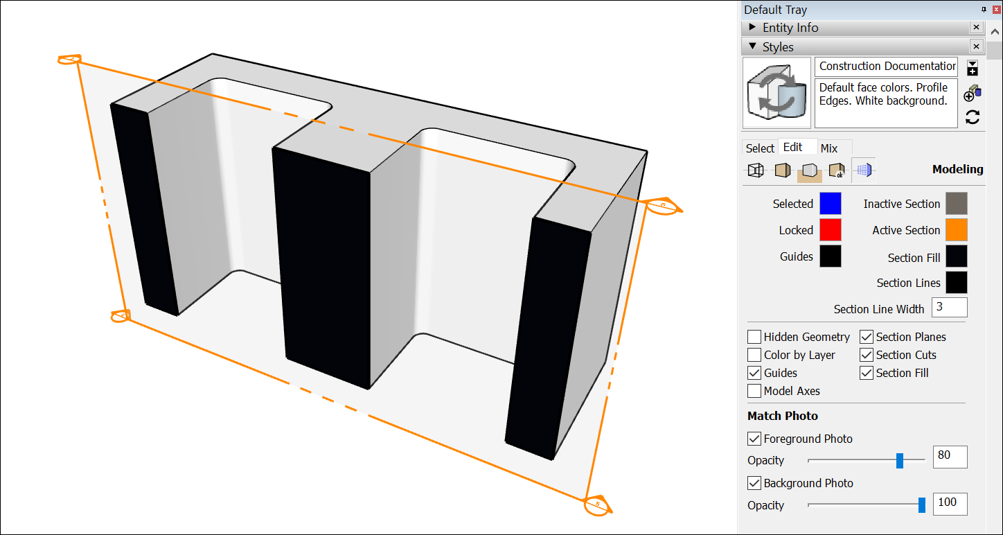Depois que você fatia um modelo com um plano de seção, o preenchimento pode simular materiais sólidos em espaços fechados.