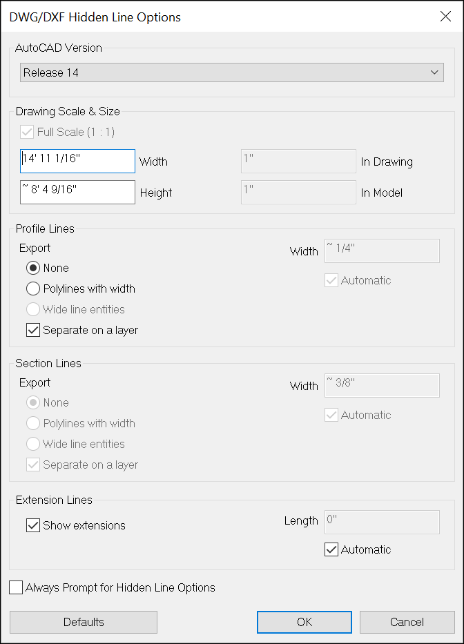 Microsoft Windows용 SketchUp에서 2D CAD 파일 내보내기 선 옵션