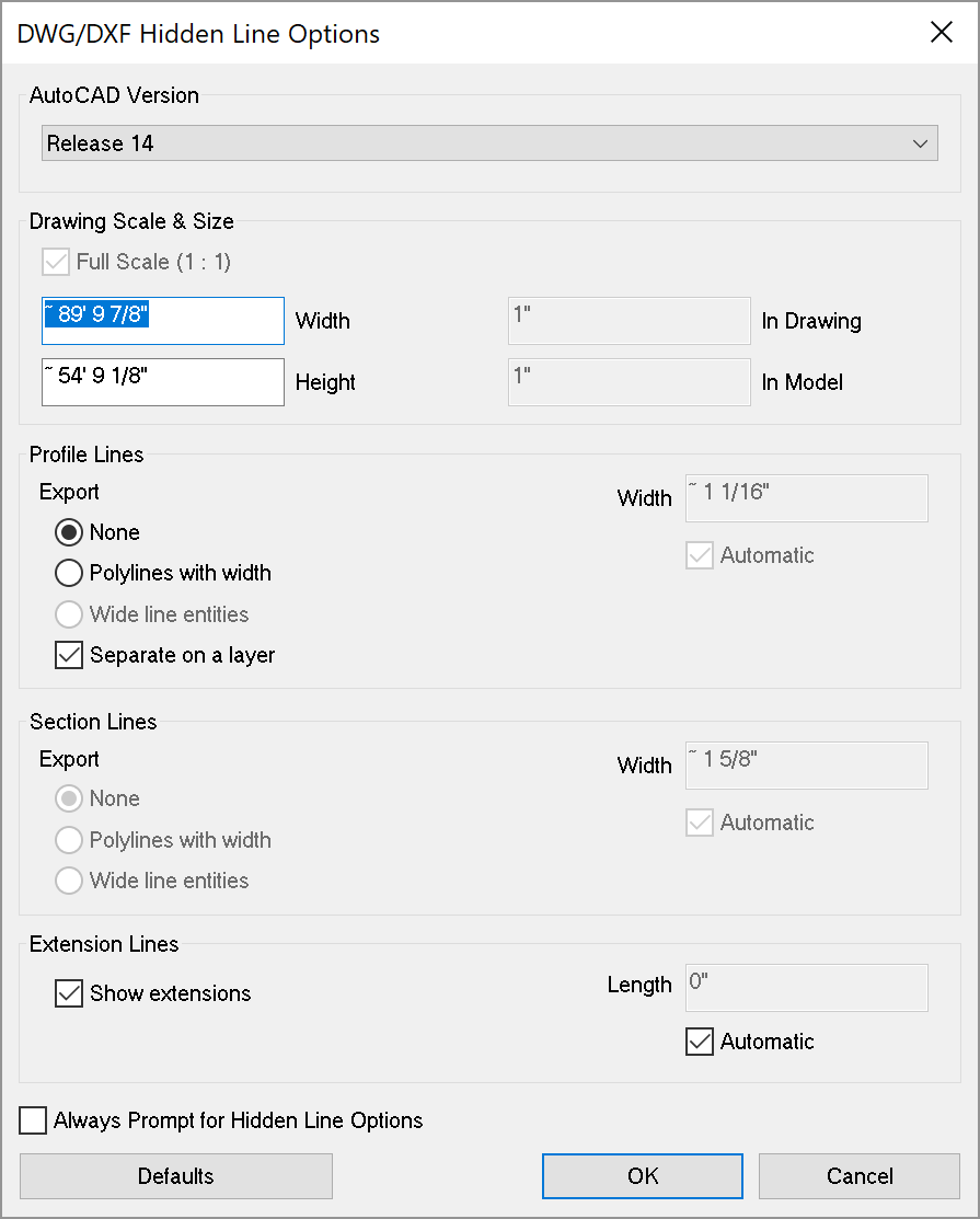 Options de ligne pour l'exportation d'un fichier DAO 2D depuis SketchUp sous Microsoft Windows