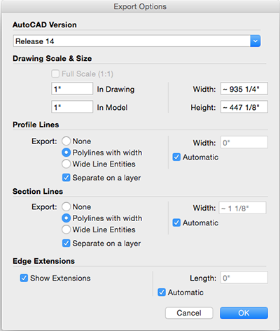 Opcje linii do eksportowania pliku CAD 2D z programu SketchUp w systemie Mac OS X