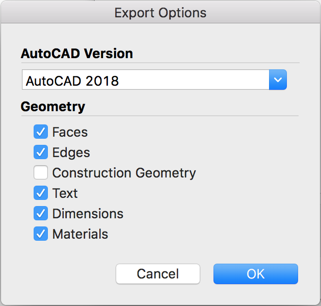 Options d'exportation d'un fichier DAO 3D depuis SketchUp sous Mac OS X