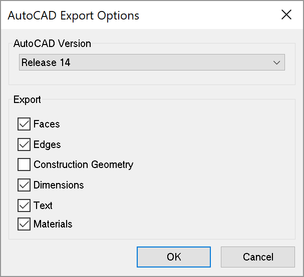 Options for exporting a 3D CAD file from SketchUp for Microsoft Windows