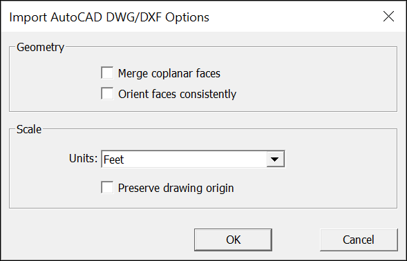 Microsoft Windows용 SketchUp Pro CAD 가져오기 옵션