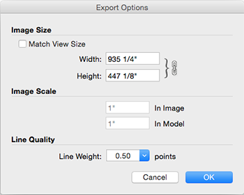En SketchUp para MacOS, los cuadros de diálogo Opciones de exportación a EPS y PDF ofrecen las mismas opciones